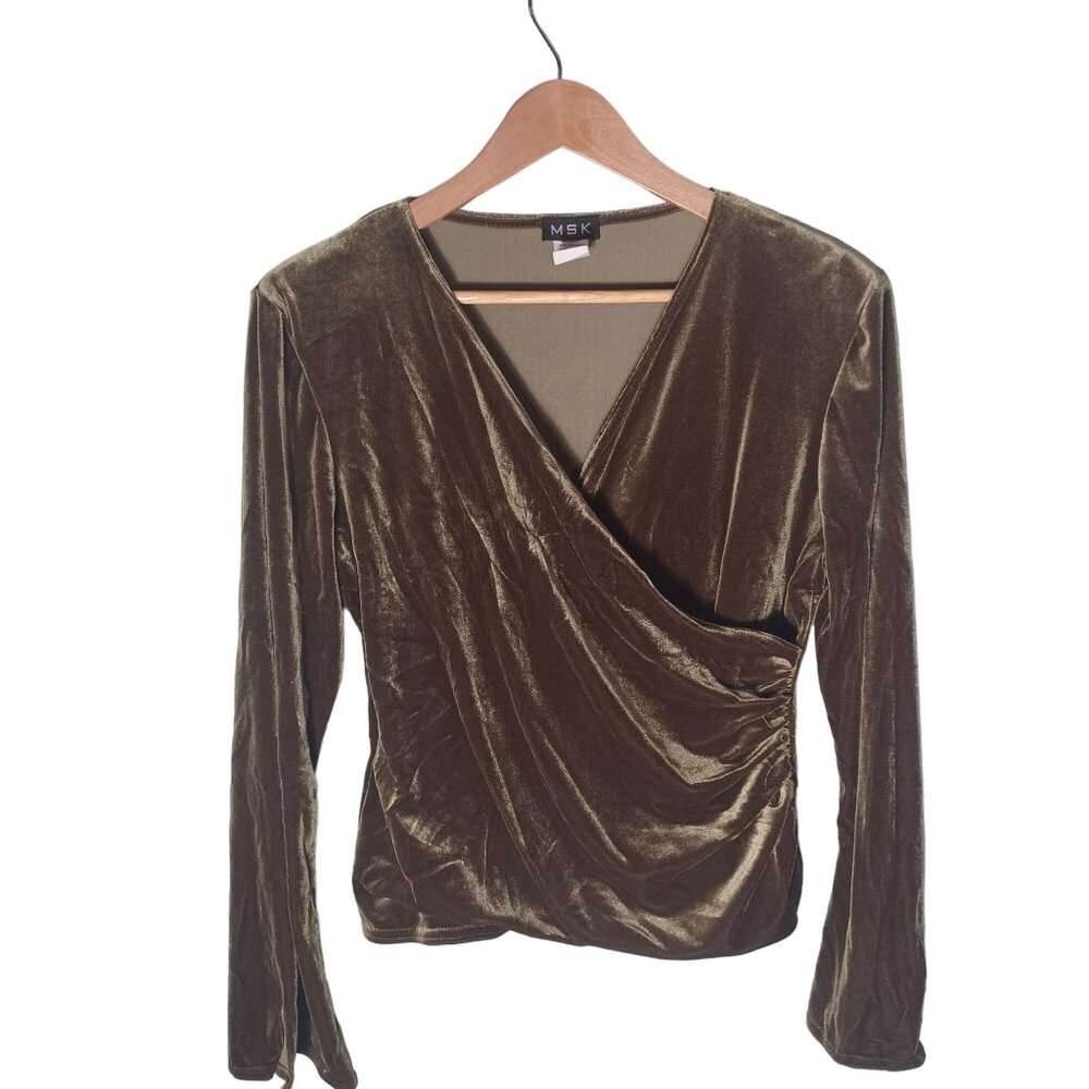 Vintage MSK Top Womens Medium Velvet Green Fairycore Retro 70s Grunge Wrap